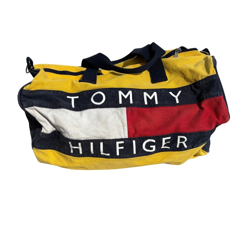 Vintage Y2K RARE Yellow 20” Tommy Hilfiger Canvas Duffle Bag Big Flag Logo